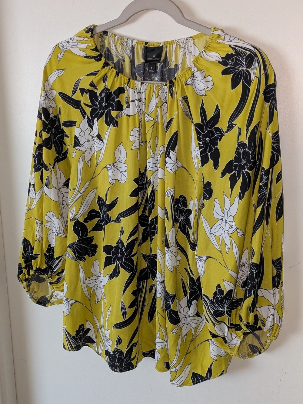 Worthington Yellow Black White Floral Peasant Blouse NWT